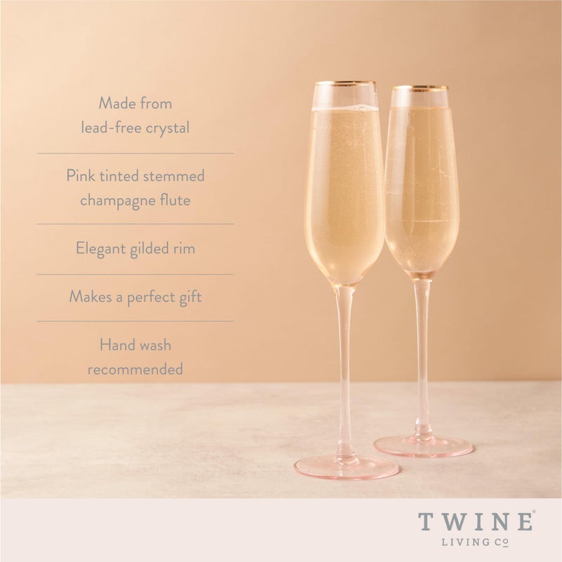 Twine Rose Crystal Champagne Flutes, Pink Tinted with Gold Rim, Elegant Champagne Glasses, Perfect for Sparkling Wine, Prosecco, Mocktails, Wedding Gifts, Housewarming, Home Bar, 8 oz, Set of 2 - Image 2